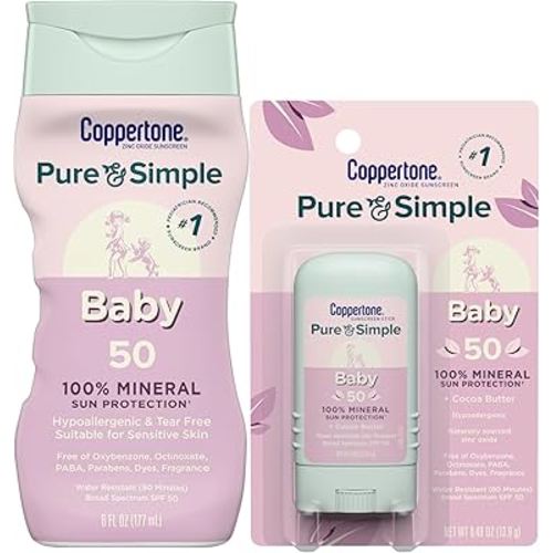 Coppertone Pure and Simple Baby Mineral Sunscreen Lotion SPF 50 (6 Fl Oz) + Baby Sunscreen Stick SPF 50 (0.49 Oz), Hypoallergenic and Tear Free
