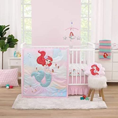 NoJo Disney Ariel Watercolor Wishes Aqua, Pink and White 3 Piece Nursery Crib Bedding Set - Comforter, 100% Cotton Fitted Crib Sheet and Crib Skirt