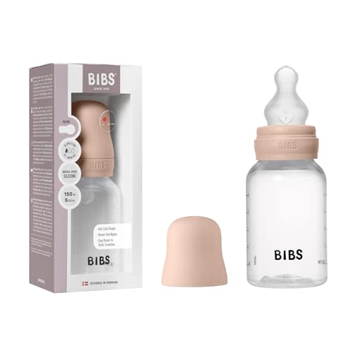 BIBS Baby Bottle 5 oz / 150 ml Silicone Nipple - Anti-Colic, BPA-Free, Round Nipple, Slow Flow, Lightweight & Easy to Clean, Suitable for Newborns 0+ Years - Blush