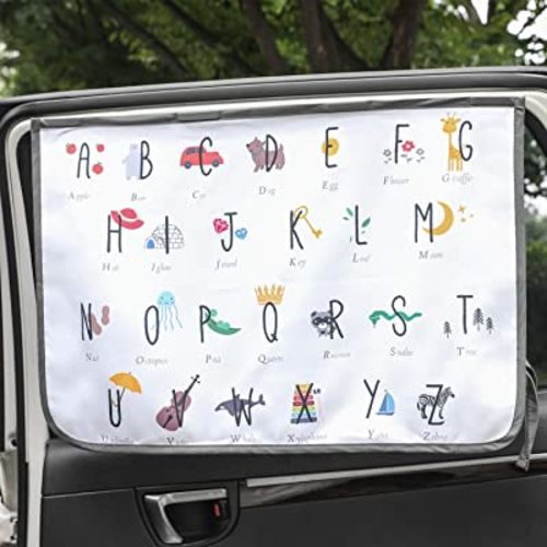 Magnetic Car Sun Shade Curtain for Side Window – Sun Blocker and UV Protector for Baby, Kids, and Pets – Universal Fit with Built-in Magnets for Steel-Framed Door (Be-Kids Alphabet)