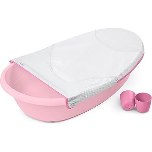 Ingenuity Room to Soak 4-in-1 Baby Bath Tub in Pink, Newborn to Toddler, Adjustable Full Coverage Sling, Supportive Seat, Includes 2 Pour & Rinse Cups, Easy Release Drain Plug, 0M+
