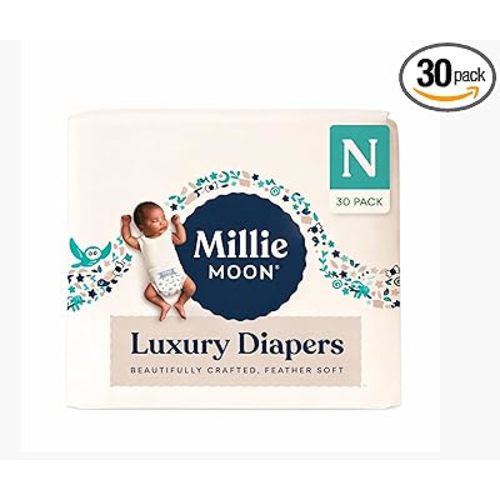 Millie Moon Luxury Disposable Baby Diapers Newborn Size I 30 Count I Ultra Soft Comfort, Absorbent Core for Day & Night Use, Wetness Indicator, Gentle Materials, Secure Fit