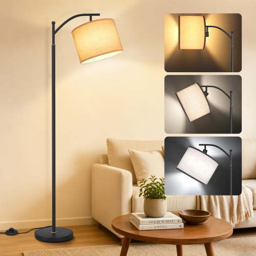 "OUTON 63"" Modern Standing Lamp, Metal Body, Linen Shade with 3-Color LED, for Living Room/Bedroom (Black)"