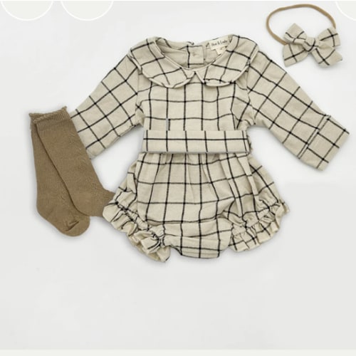 (6-12 mo) Plaid Cotton Romper Christmas Collar Bubble + Bow – Olive and Cradle