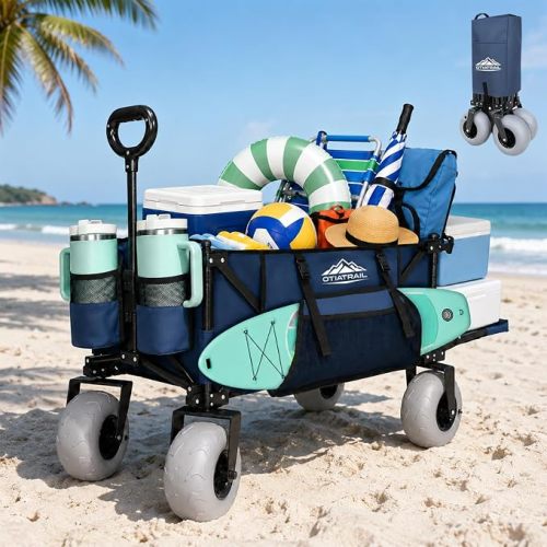X900 300L Foldable Beach Wagon with Tailgate, 9" Flat-Free PU Wheels, Heavy Duty Utility Wagon Cart for Camping, Sports, Shopping, Garden, Outdoor, Navy Blue