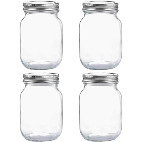 Glass Regular Mouth Mason Jars, 16 oz Clear Glass Jars with Silver Metal Lids for Sealing, Canning Jars for Food Storage, Overnight Oats, Dry Food, Snacks, Candies, DIY Projects (4PACK)