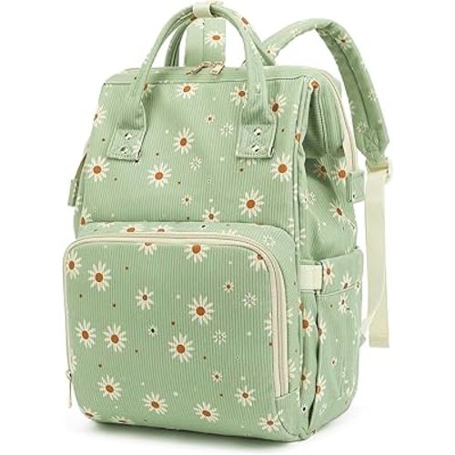 Yusudan Corduroy Diaper Bag Backpack for Baby Girls Boys, Women Large Nappy Bags for Mom (Green Corduroy Daisy)