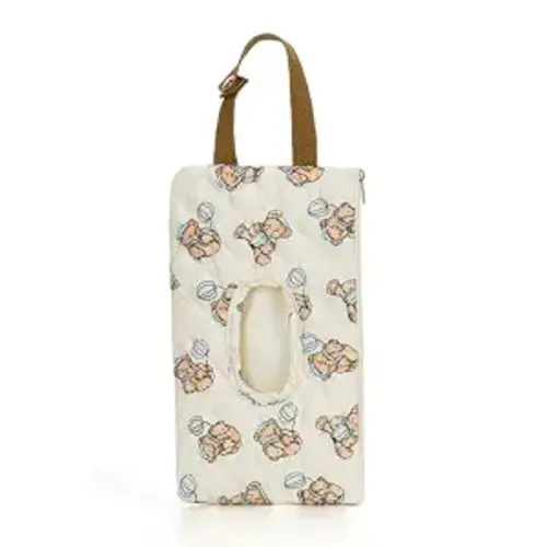Quilted Baby Wipe Holder Quilted Wipe Pouch Portable Hanging Floral Wet Wipes Bag for Car, Stroller (Bear 2)