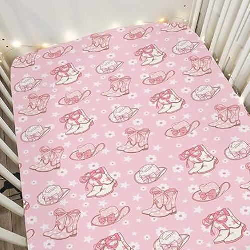 Pink Floral Bows Cowgirl Boots Hat Baby Crib Sheets for Girl 52x28Inch Boho Western Cowgirls Stars Soft Stretchy Fitted Crib Mattress Cover Country Baby Sheet for Standard Crib & Toddler Mattress Pad