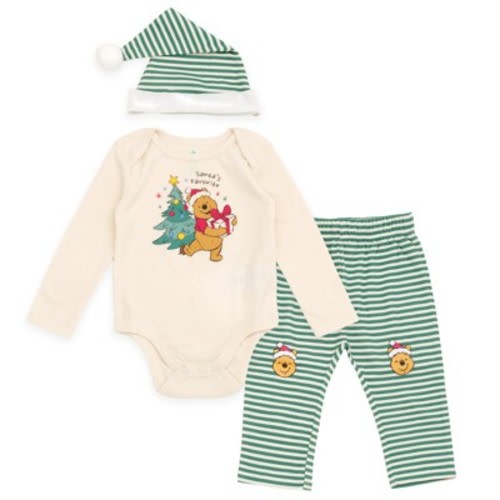 Disney Winnie the Pooh Christmas Newborn Baby Boys Bodysuit, Pants and Velour Hat 3 Piece Outfit Set Cream Beige / Green 6-9 Months