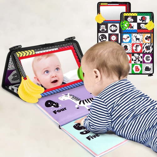 Baby Toys 6-12 Months, Tummy Play Time Mirror Cloth Books with Teether, Montessori Sensory Toy for Infant Christmas Gift