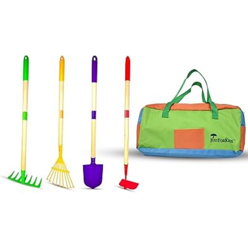 JustForKids Kids Garden Tool Set,detatchble, Portable 4-Piece Multicolored Set for Gardening, 2-Pack with Travel Bag, Ages 5+
