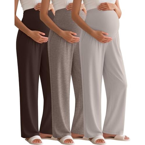 Sweetyweee 3 Pack Women's Maternity Pants Over The Belly Pregnancy Pants Stretchy Loose Wide Leg Lounge Pajama with Pockets