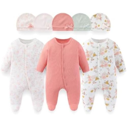 8 Pack Unisex Baby Boy Girl Footed One-piece Outfit Infant Hats 0-12months Comfort New Born Romper Clothes