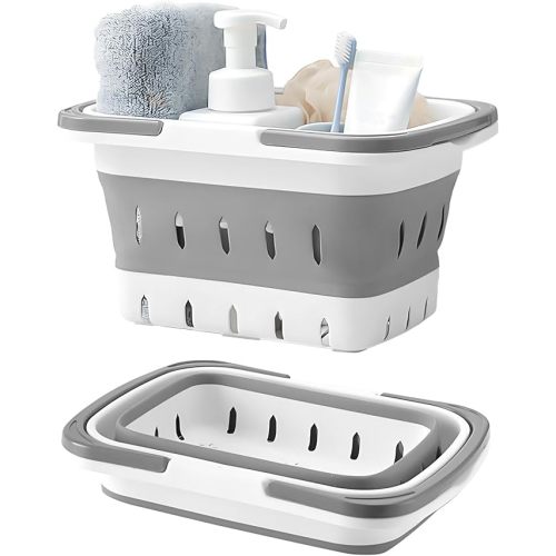 Fammart Portable Shower Caddy Tote – Collapsible Plastic Basket with Handles, Foldable Storage Organizer for Bathroom, Kitchen, College Dorm, Gym, Travel & Camping, Gray