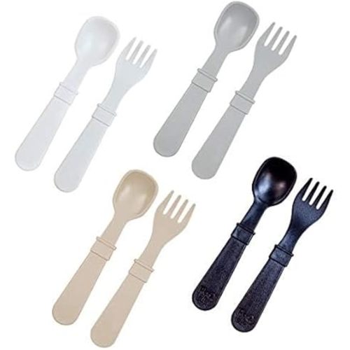 Re-Play Made in USA Toddler Forks and Spoons, Pack of 8 Without Carrying Case - 4 Kids Forks with Rounded Tips and 4 Deep Scoop Toddler Spoons - 0.2" Thick Toddler Utensils, Monochrome