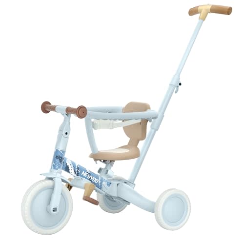 newyoo Lume TR008 Tricycle for Toddlers 1-3, 5-in-1 Push Trike with Parent Handle & Safety Guard, Convertible Balance Bike, Ideal Birthday, Coastal