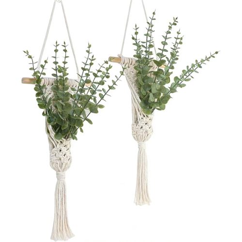 Macrame Wall Hanging with Artificial Eucalyptus Plant, Boho Wall Decor, Green Gray, Set of 2