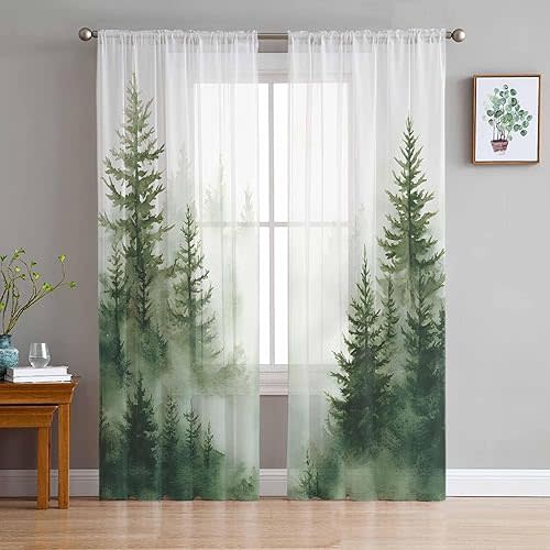 Watercolor Forest Sheer Curtains 72 Inches Length 2 Panels Set Chiffon Curtain Sheers for Living Room, Green Foggy Natural Landscape Plants Rod Pocket Window Drapes Sheer Privacy Curtains Panels