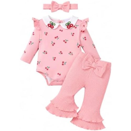 Renotemy Preemie Newborn Baby Girl Clothes Peter Pan Collar Bodysuit Bell Bottom Pants Outfit Gifts for Infant Girls