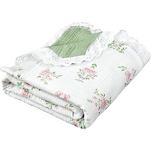 Oudain Flounce Muslin Baby Blankets, Lace Cotton Crib Blanket for Baby Infant Toddler, Soft and Lightweight Nursery Blankets 40"x35"(Flowers)