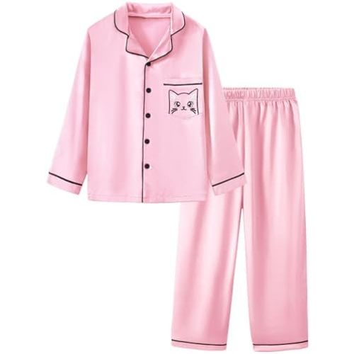 Mikrdoo Silk Pajamas for Girls Long Sleeve PJs for Kids Top and Pants 2 Piece Satin Slpeepwear Set 3-14 Years