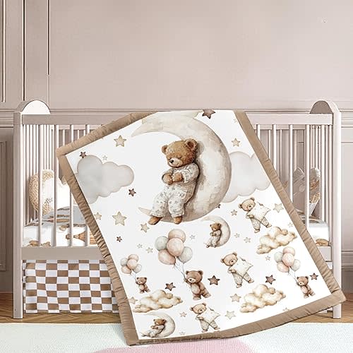Hosuly 3 Pcs Baby Crib Bedding Set Safari Animals Bear Woodland Animals Jungle Crib Set Includes Quilt, Fitted Sheet, Skirt for Baby Boy Girl(Brown,Teddy Bear)