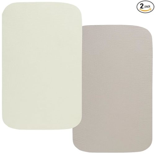 Onacosht Muslin Bassinet Sheets 35" X 20" Compatiable with AMKE 3 in 1 Bassinets, MiClassic, Uiuwoo, Foalom, YADAQE, Milliard and TCBunny Bassinet, 100% Cotton, 2 Pack, Fog and Beige