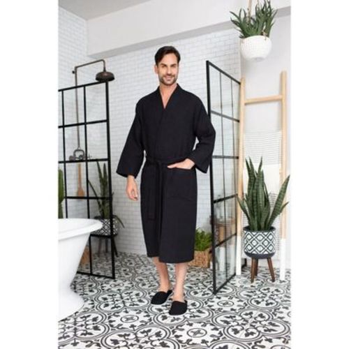 Lotus Linen Waffle Spa Bathrobe for Men - Absorbent, Lightweight Black Small