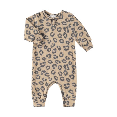 Hacci Animal Print Long Sleeve Split Neck Romper - Black Taupe