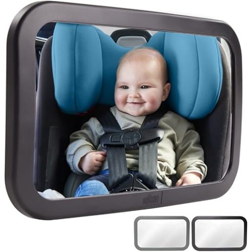 Gorilla Grip Wide View Baby Car Mirror, 360° Rear Facing Seat Rotation Shatterproof Mirrors, Crystal Clear, Child and Infant Backseat Safety, Secure Straps Stay in Place, Travel Gear for Babies, Black