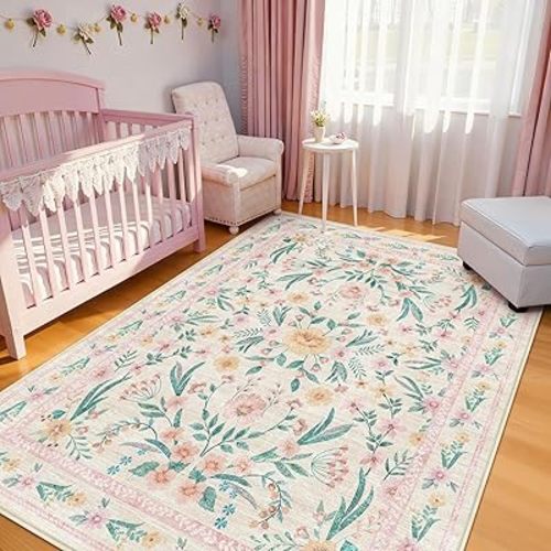 5x8 Pink Floral Nursery Rug – Washable Non-Slip Soft Carpet, Cute Boho Area Rug for Girls Bedroom, Kids Room or Playroom