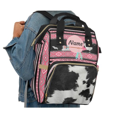 Personalized cowhide print Diaper Backpack, pink tribal Indian faux cowhide baby bag, monogrammed backpack, customized boho southwestern bag