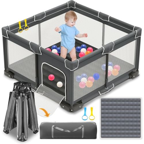 ICAREWAY Foldable Playpen for Babies and Toddlers, 50x50 Inches Portable Playpen, Kids Collapsible Play Pen with 2 Handlers, Indoor & Outdoor Baby Fence Play Area with Visible Mesh, Dark Gray