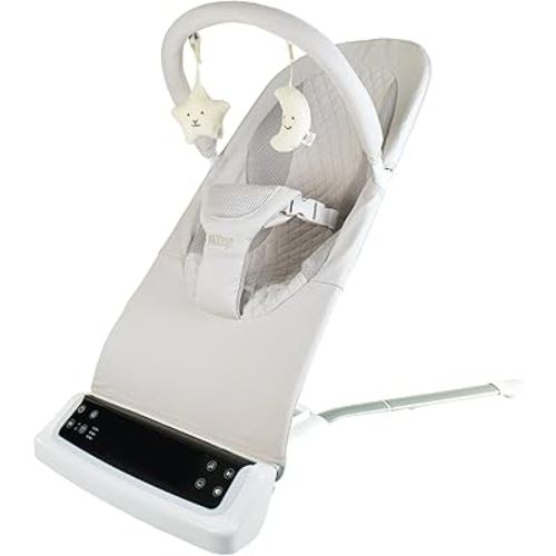 Nuby Deluxe Baby Bouncer – Lightweight Rocker with Music, Vibration, Digital Display, Removable Toy Bar, Ergonomic Head & Neck Support, 3-Point Safety Strap & Easy Fold for Storage or Travel, Beige