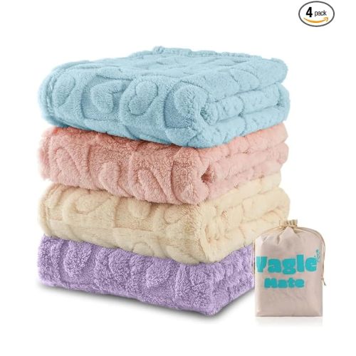 4 Pcs Baby Blankets,Fleece Heart Checkered Blanket, Cozy and Fluffy Crib Blankets for Girls, Toddler Receiving Blankets 30×40 Blue Pink Purple Off White