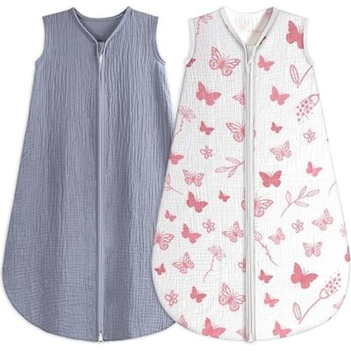 BSTOPPT 2 Pack Baby Sleep Sack 12-18 Months 100% Organic Cotton Muslin Baby Sleeping Bag 2-Way Zipper Wearable Blankets TOG 0.3 (Gray & Pink Butterfly, Large)