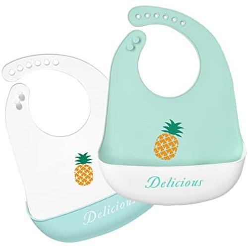 Silicone Bibs for Babies and Toddlers 2 Sets Feeding Bibs for Boy and Girl, Adjustable Soft Waterproof Bibs