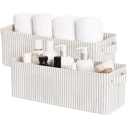 StorageWorks Narrow Storage Bins, Small baskets for Organizing, Long Storage Basket with Handles, Fabric Storage Bins for Shelf, Gray and White Stripes, 2-Pack