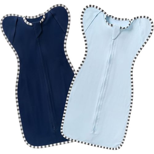 Swaddling Sleep Sack 2-Pack, 100% Cotton Newborn Wearable Blanket, Arms Up Design with 2-Way Zipper, Transitioning Breathable Swaddle (Dark Blue + Baby Blue, Medium 3-6 Months)