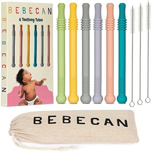 BEBECAN Teething Sticks for Babies - Infant Teething Relief for Teething Baby in 6 Vibrant Colors, Super Soft Silicone Teethers for Babies Hollow Teething Tubes