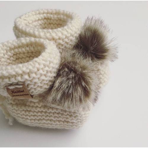 Handmade Wool Baby Booties: Knitted Newborn Socks with Pom Poms baby shower gift