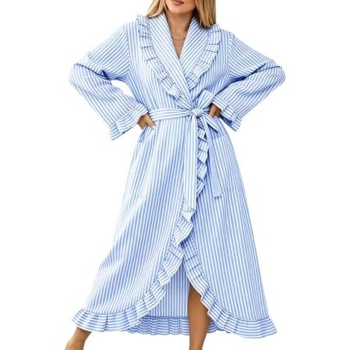Gihuo Cotton Robes for Women Striped Lightweight Ruffle Bathrobe