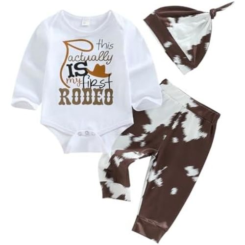 SAYOO This Is My First Rodeo Country Cowboy Funny Infant Baby Boy Bodysuit Long Pants Hat 3Pcs Western Coming Home Outfit