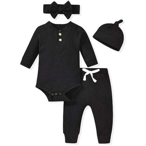 Aalizzwell Gender Neutral Long Sleeve Baby Ribbed Outfit with Hat & Headband