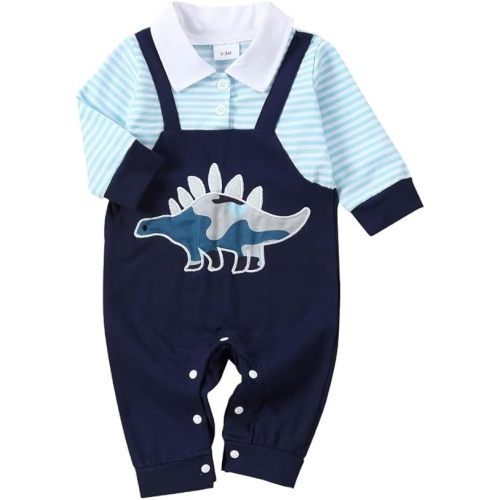 Baby Boy Clothes Fall Winter Outfits Infant Boys Long Sleeve Stripe Button Collared Romper Cartoon Clothing Set