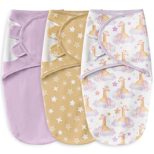 Unnivoll Baby Swaddles for Newborns 100% Cotton Newborn Swaddle Sack 3 Pack Baby Swaddles 0-3 Months Swaddle Sleep Sack for Newborn Baby Boy Girl Purple Clouds & Yellow Giraffe