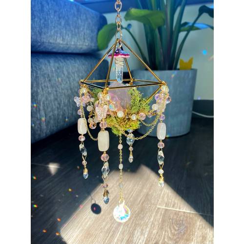 Rose Quartz Whimsical Forest Fairy Moss and Mushroom Suncatcher