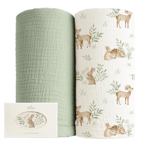 Konssy Muslin Swaddle Blankets, 100% Cotton Receiving Blankets, 47"x 47" | 2 Pack, Ultra Soft & Lightweight, Perfect for Receiving & Swaddling, Newborn to Toddler, Boys & Girls (Woodland,Sage)