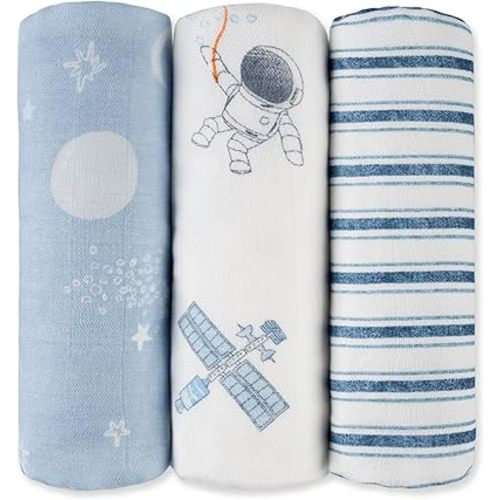 GLLQUEN BABY Receiving Blanket Boy Cotton Muslin Swaddle Blankets Girl Newborn Squares Breathable & Soft Thin Baby Blankets Cloths Double Absorbent Infant Swaddling Wrap - 3 Pack (Blue Astronaut)